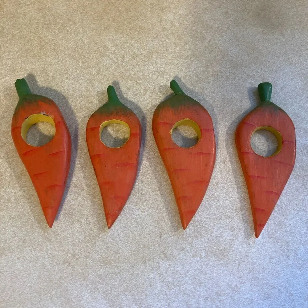Carrot Napkin Rings Hand Carved/Painted Folksy Whimsical‎ Country Garden Party